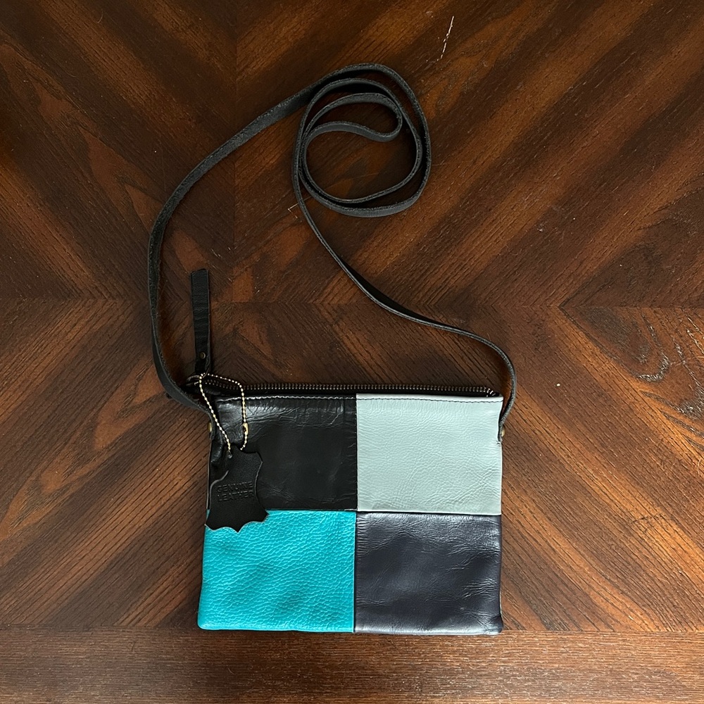 Blue and Black Colorblock Leather Crossbody
